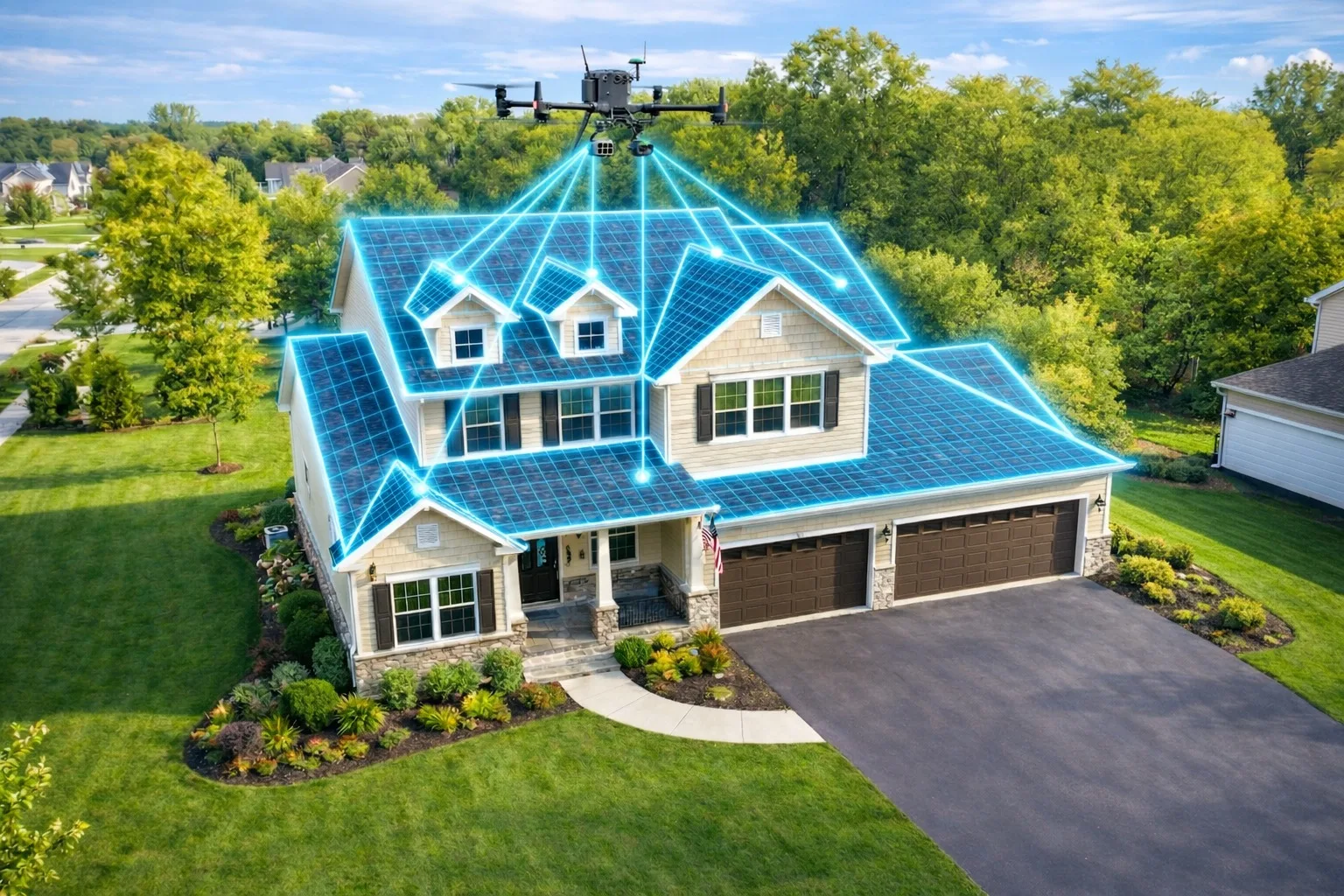 Drone scanning roof for aerial measurement report